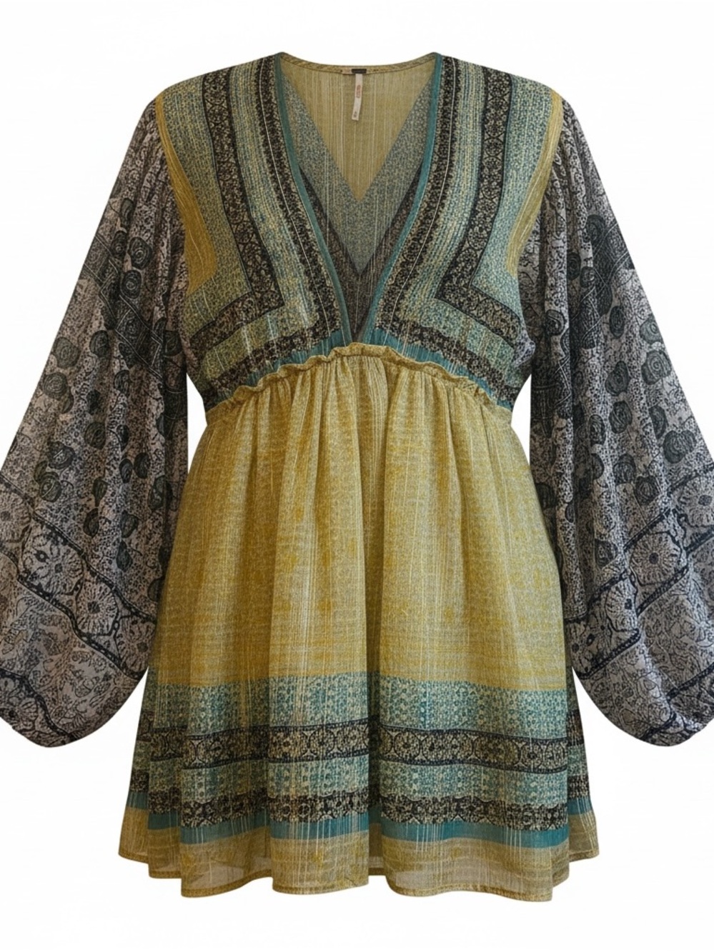 Free People Yellow Green Patterned V-Neck Boho Blouse